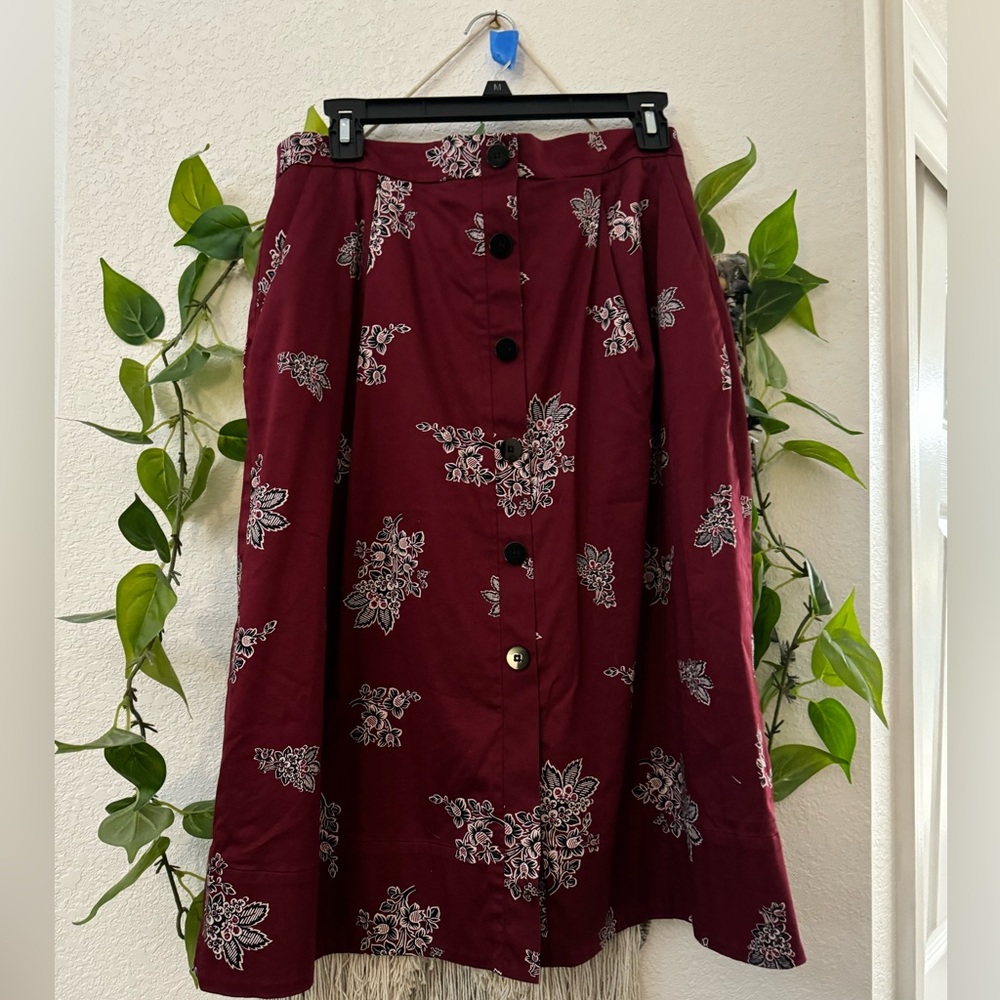 Ann Taylor Burgundy Botanical Print A-Line Skirt
